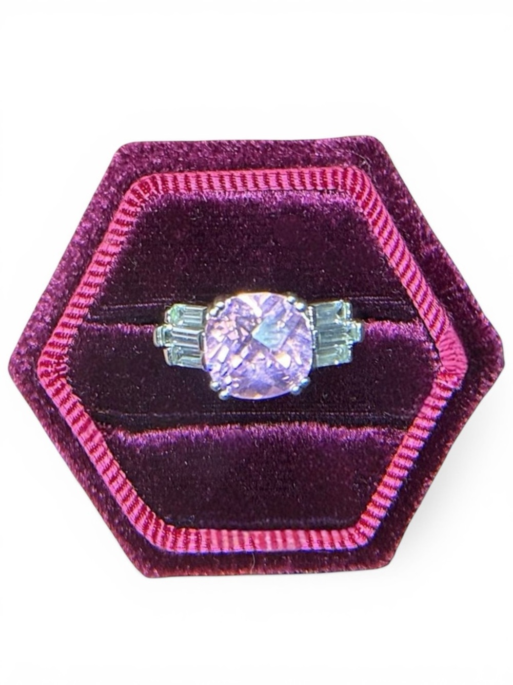 Vintage Avon Faceted Pink Glass Ring Size 7.5 Silver Tone Baguettes Cocktail